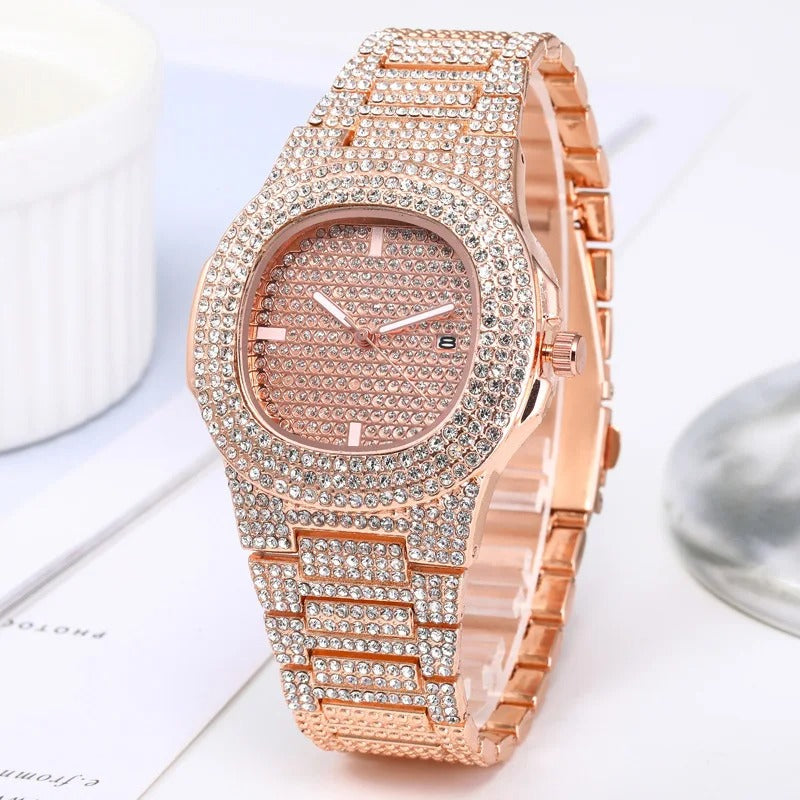 Luxury Unisex Silver Gold Iced-Out Bling CZ Crystal Fashion Quartz Watch for Men and Women