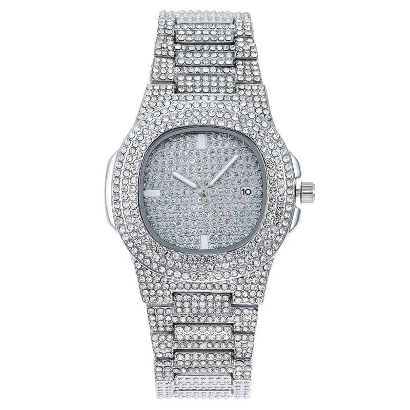 Luxury Unisex Silver Gold Iced-Out Bling CZ Crystal Fashion Quartz Watch for Men and Women