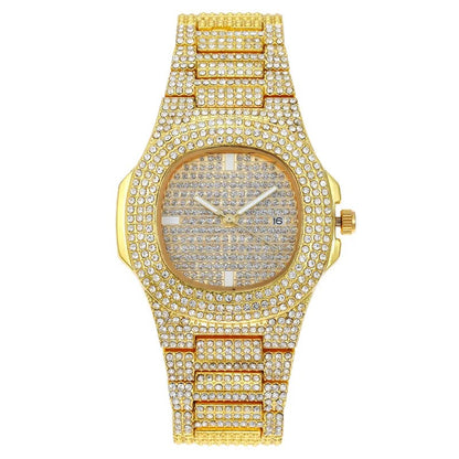 Luxury Unisex Silver Gold Iced-Out Bling CZ Crystal Fashion Quartz Watch for Men and Women