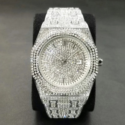 Hip Hop Bling Diamond Watch For Men Luxury Silver Iced Out Quartz Wristwatch Fashion Stainless Steel Waterproof Watches Hot Sale